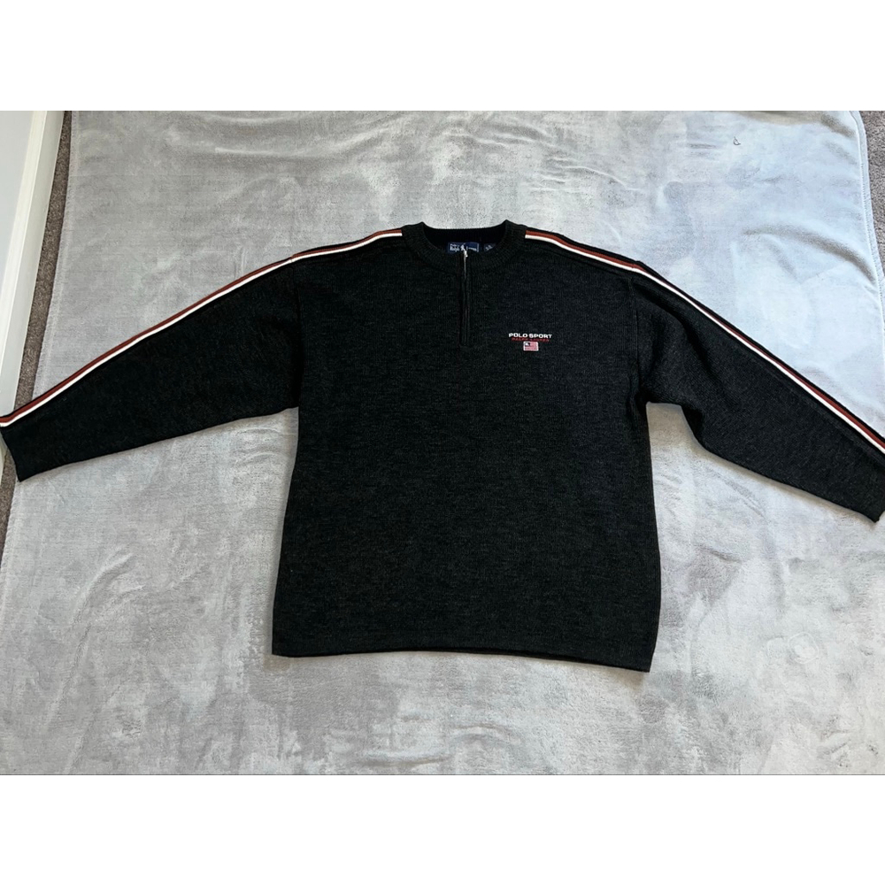 Men's Polo Sport XL Charcoal 1/4 Zip Sweater with Red Stripes